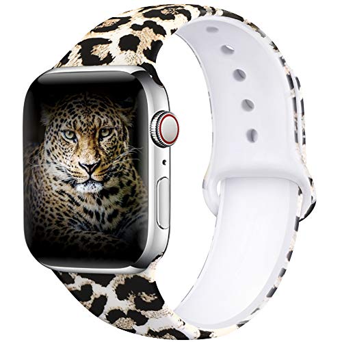 Product Cover EXCHAR Compatible with Apple Watch Band 44mm Series 4 42mm Series 3/2/1 Fadeless Pattern Printed Floral Bands Silicone Replacement Band for iWatch Series 5 for Women Men S/M Leopard 01