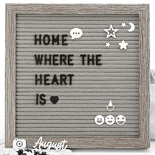Product Cover Felt Letter Board - Gray Changeable Message Board Letterboard with Stand & Wall Hook, 639 Black & White Letters, Numbers and Emojis, Rustic Weathered Frame, 10x10 Inches (Gray)