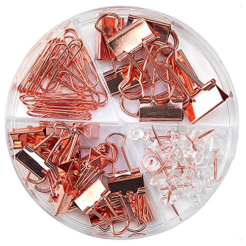 Product Cover Paper Clips Binder Clips Push Pins Sets with Acrylic Box for Office Supplies, School Accessories and Home Supplies (Rose Gold)