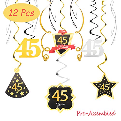 Product Cover 45 Birthday Decoration Happy 45th Birthday Party Silver Black Gold Foil Hanging Swirl Streamers I'm Forty-five Years Old Today Birthday Hat Gold Star Ornament Party Present Supplies