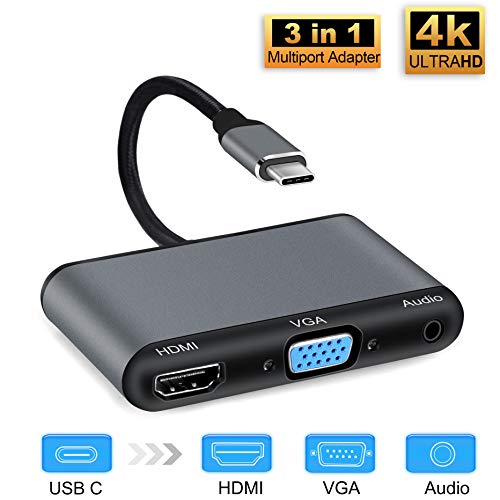 Product Cover avedio links USB C to 4K HDMI VGA Adapter, 3 in 1 USB Type C Hub with 4k HDMI,1080p VGA, Audio Port, Compatible with MacBook Pro/Chromebook/Galaxy S8 S9/Nintendo Switch(Black)