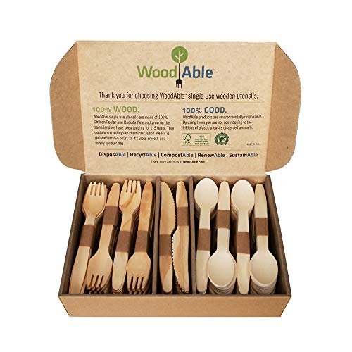 Product Cover WoodAble - Disposable Wooden Forks, Spoons, Knives Set | Alternative to Plastic Cutlery - Biodegradable Replacements (200 Count - 80 Forks, 80 Spoons, 40 Knives)