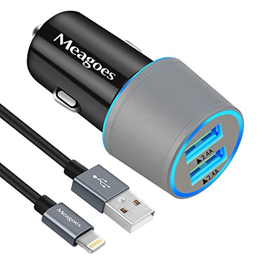 Product Cover Meagoes Apple MFi Certified iPhone Car Charger, Compatible for iPhone X/8 Plus/8/7 Plus/7/6s Plus/6s/SE, iPad Air 2/iPad Mini 2, 24W Rapid Dual USB Port Car Adapter with 3ft MFi Lightning Cable Cord