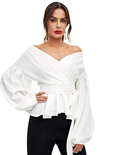 Product Cover SheIn Women's Long Sleeve V Neck Ruffle Blouse Off Shoulder Tie Waist Wrap Tops