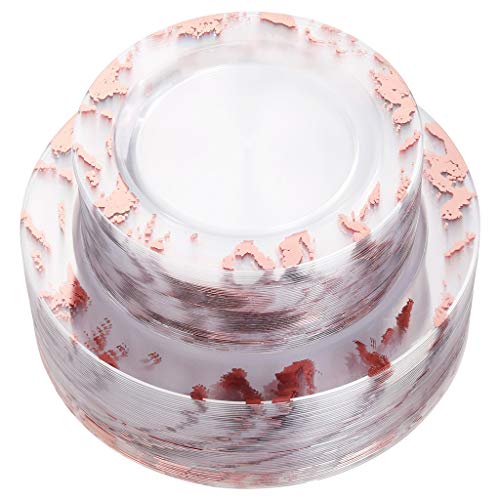 Product Cover NERVURE 102PCS Clear with Rose Gold Marbling Plastic Plates-Disposable Plastic Plates with Rose Gold-Plastic Wedding Party Plates Including 51 Plastic Dinner Plates 10.25Inch,51 Salad Plates 7.5Inch