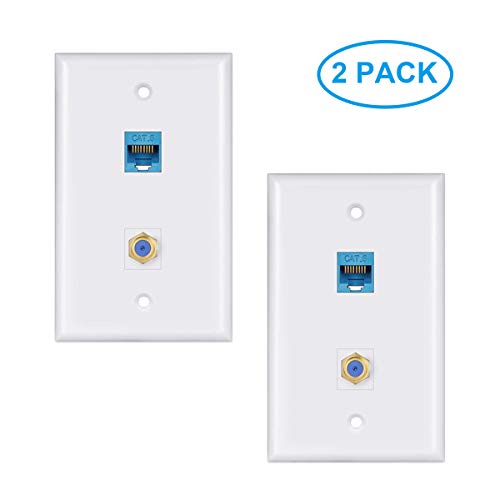 Product Cover Ethernet Coax Wall Plate 2Pack,1 Cat6 Ethernet Port and 1 Gold-Plated Cable TV Coax F Type Port Wall Plate (White)
