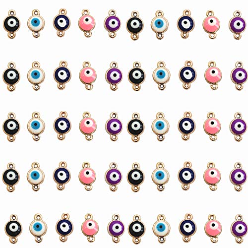Product Cover MIAO JIN 50 Pcs Evil Eye Connectors Pendants Fashion Connectors Beads DIY Necklace Bracelet Jewelry Making (5 Colors)