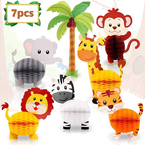 Product Cover Jungle Safari Animals Honeycomb Centerpieces 3D Table Decorations for Jungle Safari Birthday Baby Shower Party Decorations Supplies Set of 7