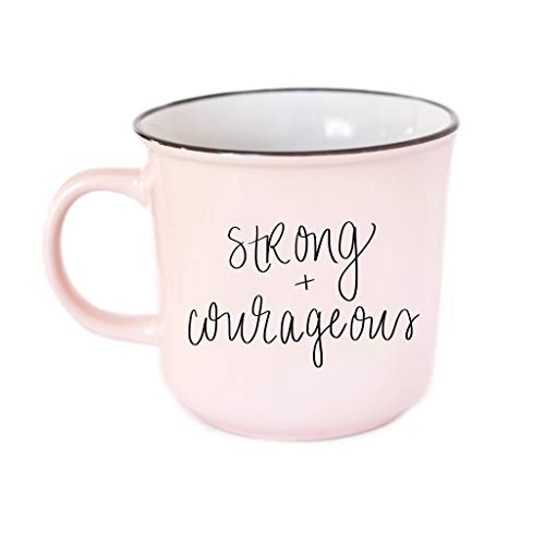 Product Cover Strong and Courageous Coffee Mug Joshua 1:9 Scripture Campfire Coffee Mug Pink 14oz Stoneware Scripture Mug Encouragement Gift Cancer Motivational Inspirational Christian Gifts Woman Daily Motivation