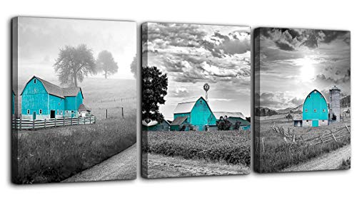 Product Cover Teal Farmhouse Black and White Country Rustic Cabin Wall Art for Bedroom Bathroom Wall Decoration Farm Themed Canvas Picture Artwork Ready to Hang for Home Living Room Wall Decor Size 12x16 Each Panel