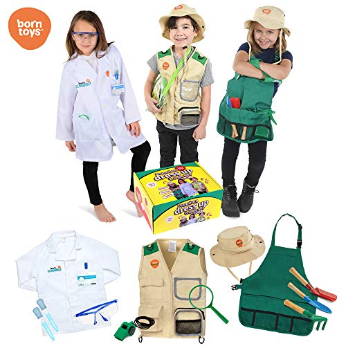 Product Cover Born Toys Deluxe Premium Washable Dress up Trunk Set.Explorer kit,Garden Set, Scientist Costume,Dr or Vet Costume and Kits for Children and Kids Boys and Girls Ages 3-8 Costumes Halloween