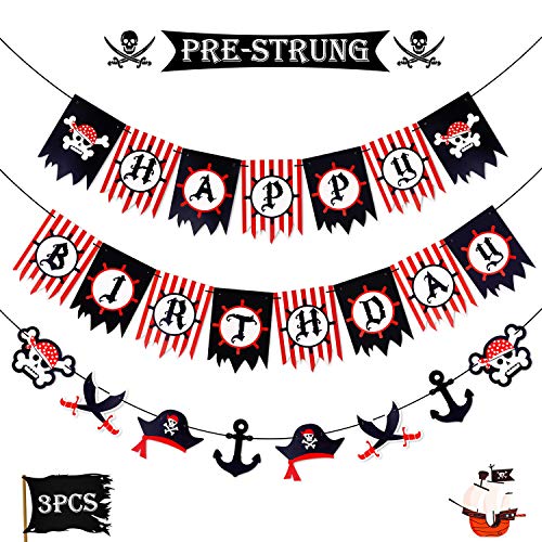 Product Cover Levfla Pirate Happy Birthday Banner Party Decoration Supplies, Sword Captain Hat Helm Photo Props Garland for Kids, Nautical Sailing Treasure Black and Red Striped Party Pennant Decorations