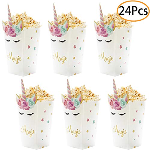 Product Cover 24Pcs Unicorn Birthday Party Supplies Unicorn Popcorn Box Snack Treat Box Candy Cookie Container For Baby Shower, Bridal Shower, Unicorn Theme Party Favors Decoration