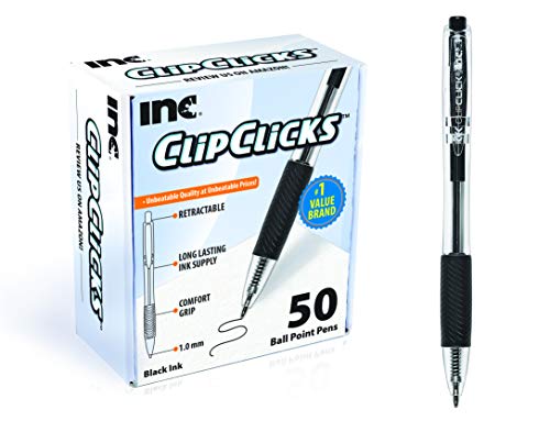 Product Cover Inc, Clip Clicks Retractable Ballpoint Pens Medium Point 1.0 mm with Comfort Grip for Smooth Writing, Black Ink, 50 Count