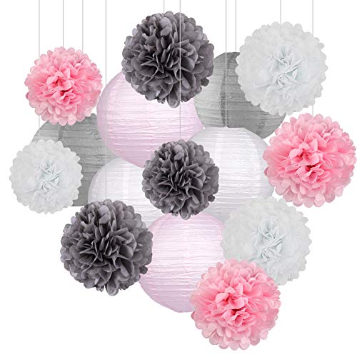 Product Cover 15Pcs Party Pack Paper Lanterns and Pom Pom Balls Hanging Decoration for Graduation Wedding Birthday Baby Shower-Pink/Grey/White