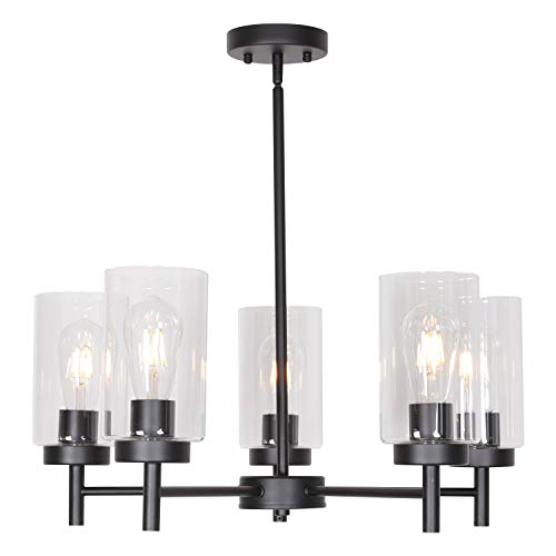 Product Cover VINLUZ 5 Light Contemporary Chandeliers Black Modern Lighting Fixtures Hanging,Industrial Vintage Pendant Lights with Clear Glass Shade Flush Mount Ceiling Light for Dining Room Bedroom