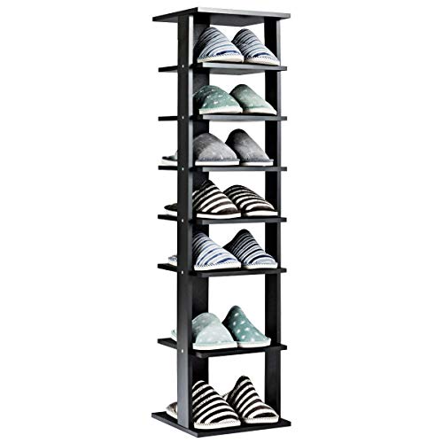 Product Cover Tangkula Wooden Shoes Racks, Entryway Shoes Storage Stand, Modern 7 Tiers Shoe Rack Organizer, Space Saving Vertical Shoe Rack, Storage Shelf (Black, Single)