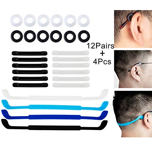 Product Cover 12 Pairs Silicone Eyeglasses Temple Tips Sleeve Retainer with 4 Pcs Anti-slip Glasses Strap Sports Glasses Strap Holder for kids,Anti-Slip Round Comfort Glasses Retainers for Spectacle Sunglasses Read