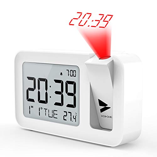 Product Cover Hosome Projection Alarm Clock, Digital Alarm Clock on Ceiling with Indoor Temperature Large LCD Display and 4 Adjustable Projection Brightness with 2 Alarm Volume Setting for Bedroom, Office，White
