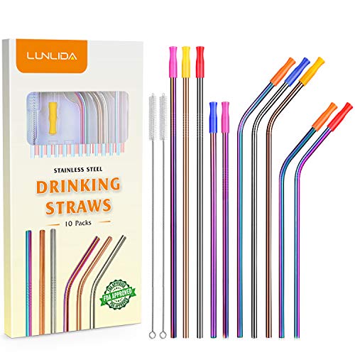 Product Cover Colorful Metal Straws Set of 10, Reusable Stainless Steel Drinking Straws with Silicone Tips for 20 30 OZ Yeti Tumbler, RTIC, Tervis, Ozark Trail, Starbucks, Mason Jar (5 Straight+5 Bent+2 Brushes)