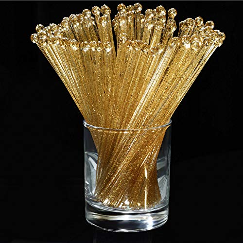 Product Cover 100 Pieces Disposible Plastic Round Top Crystal Swizzle Sticks (Golden)