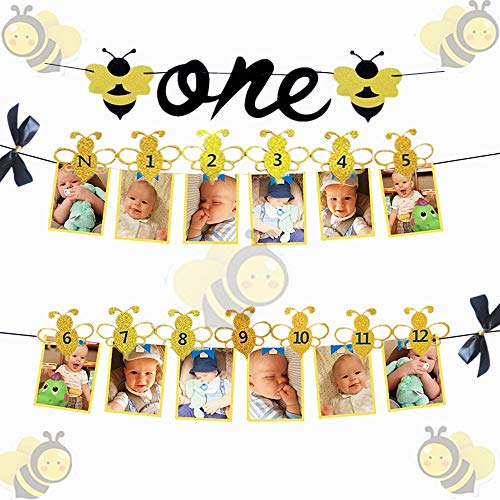 Product Cover JeVenis Set of 2 Bumble Bee Monthly Photo Banner First Year Photo Banner First Birthday Photo Banner 12 Month Bee Photo Banner for First Birthday Decoration 1st birthday decoration