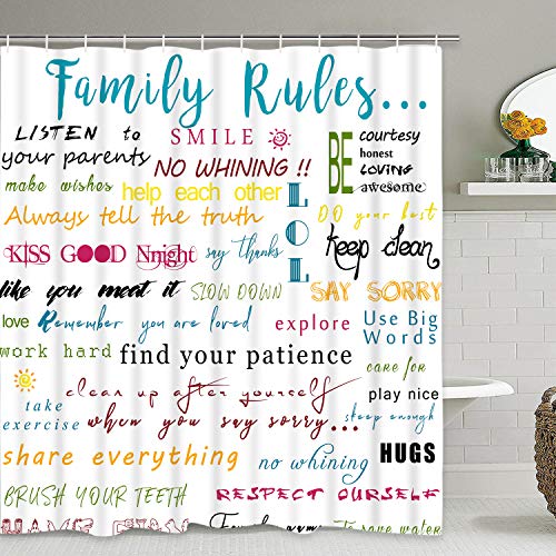 Product Cover Family Rules Educational Shower Curtain with 12 Hooks, Motivational and Inspirational Quotes Shower Curtain for Bathroom, Waterproof