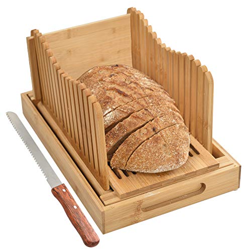 Product Cover BambooSong Bamboo Bread Slicer with Crumb Tray Bamboo Bread Cutter for Homemade Bread, Loaf Cakes, Bagels Slicer, 3 Slice Sizes, Adjustable, Compact, Foldable