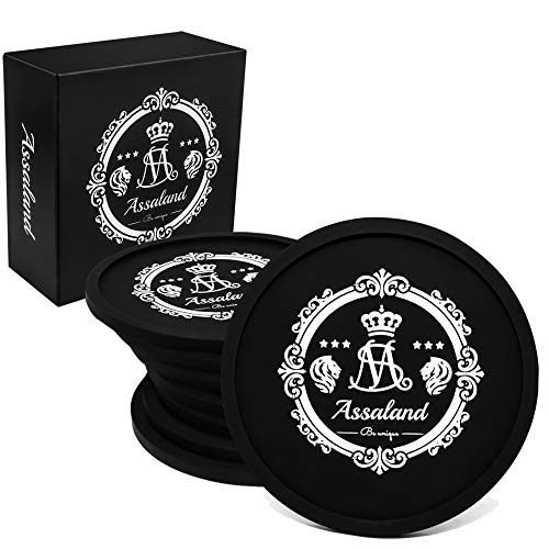 Product Cover Assaland Silicone Coasters for Drinks - Set of 8 Deluxe Table Coasters for Glasses - Unique Logo Design on Top - Ultra-Durable Heat Resistant - Non-Slip Tabletop Protection Coasters Set