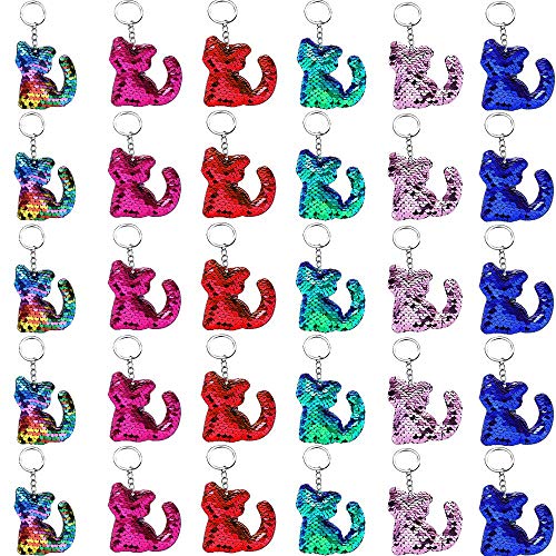Product Cover Sequin Keychain Cat Shape, Outee 30 Pcs Flip Sequin Keychain Hanging Key Chain 6 Different Colors Decoration Party Favors Supplies Gift for Kids Adults