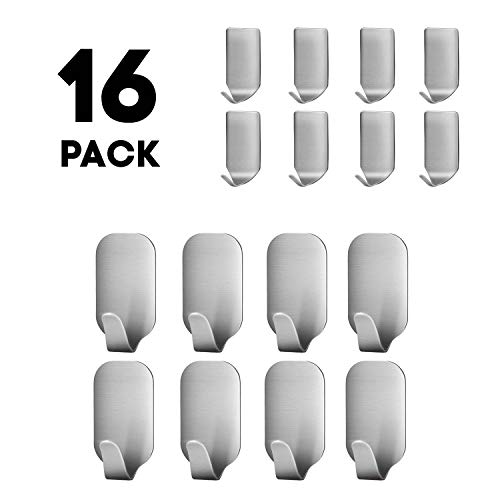 Product Cover Belursus Adhesive Hooks Heavy Duty Wall Hooks Stainless Steel Ultra Strong Waterproof Hanger for Robe Coat Towel Keys Bags Home Kitchen Bathroom (Set of 16)