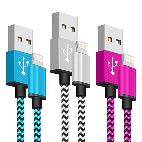 Product Cover SyncTech Phone Charger Fast Charging Cable 6FT 3 Pack Nylon Braided High Speed Charging Cord USB Compatible with Phone XS MAX XR X 8 8 Plus 7 7 Plus 6s 6s Plus 6 6 Plus (3.) Blue, White, Pink