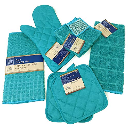 Product Cover Kitchen Towel Set with 2 Quilted Pot Holders, Oven Mitt, Dish Towel, Dish Drying Mat, 2 Microfiber Scrubbing Dishcloths (Turquoise)