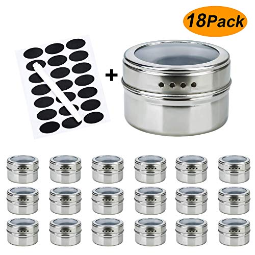 Product Cover RUCKAE 18 Magnetic spice tins-stainless steel storage spice containers include spice label and WACTER BASE LED INK-WHITE,Clear Top Lid with Sift or Pour,Magnetic on Refrigerator and Grill