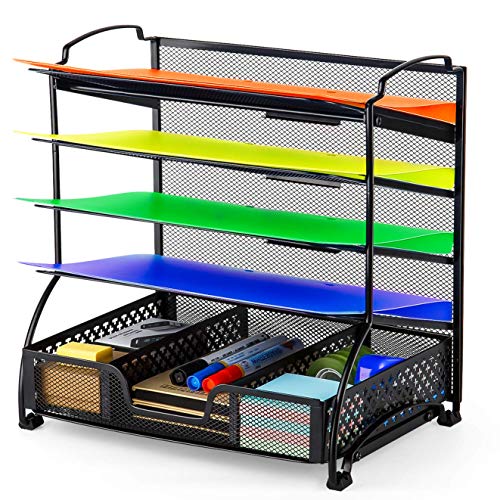 Product Cover Simple Trending 5-Trays Mesh Desk File Organizer Vertical Document Letter Tray Holder with Drawer Organizer for Office Home, Black