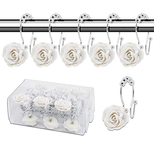 Product Cover BEAVO Rose Shower Curtain Hooks,12 Pcs Double Glide Shower Curtain Rings Stainless Steel Rustproof Decorative Shower Hook Ring with Resin Rose Flower for Bathroom Shower Rods (White)