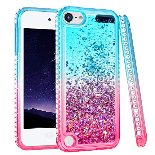 Product Cover iPod Touch 5 6 7 Case, iPod Touch Case 5th 6th 7th Generation for Girls, Ruky Quicksand Series Glitter Flowing Liquid Floating Bling Diamond Flexible TPU Cute Case for iPod Touch 5 6 7 (Teal Pink)