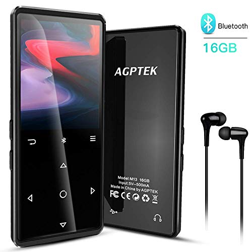 Product Cover AGPTEK 16GB Bluetooth Mp3 Player, Portable HiFi Lossless Sound Music Player, Support AirPods Connection, FM Radio, FM Recording, Video, Bookmark, Expandable up to 128GB Headphone Included
