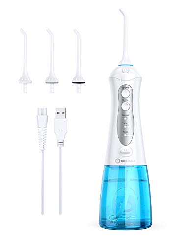 Product Cover Water Flosser Cordless Teeth Cleaner with 3 Modes 4 Jets, CREMAX Portable Dental Oral Irrigator, IPX7 Waterproof and USB Rechargeable with 300ML Water Tank for Travel Home Braces and Bridges Care