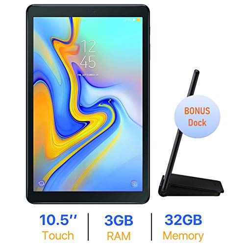 Product Cover Samsung Galaxy Tab A 10.5'' Touchscreen (1920x1200) WiFi Tablet, 8-Core 1.8 GHz Qualcomm Processor, 3GB RAM, 32GB Memory, Bonus Pogo Charging Dock, Bluetooth, Android 8.0, Black, Choose Your MicroSD