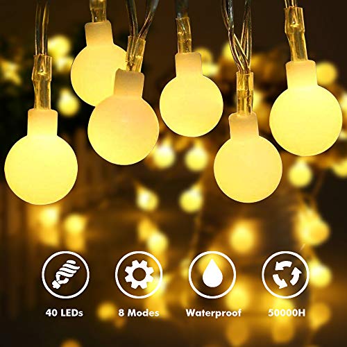 Product Cover Battery Operated String Lights, B-right Outdoor Fairy Lights, 15ft 40 LEDs Waterproof Globe String Lights for Halloween, Christmas, Wedding, Bedroom, Patio and Party (Warm White, 8 Modes,Timer)