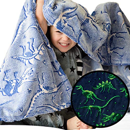 Product Cover Dinosaur Blanket Glow in the Dark Luminous Dino Blanket for Kids - Soft Plush Blue T-Rex Blanket Throw For Boys and Girls - Large 60in x 50in Glowing Jurassic Dinosaur Fossil Dino Bones Blankets