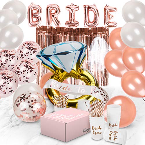 Product Cover Bachelorette Party Decorations | Bridal Shower Supplies Kit - Bride To Be Sash, Cups, Straws, Veil, Banner, Balloons, Rose Gold Curtains & Decor Accessories