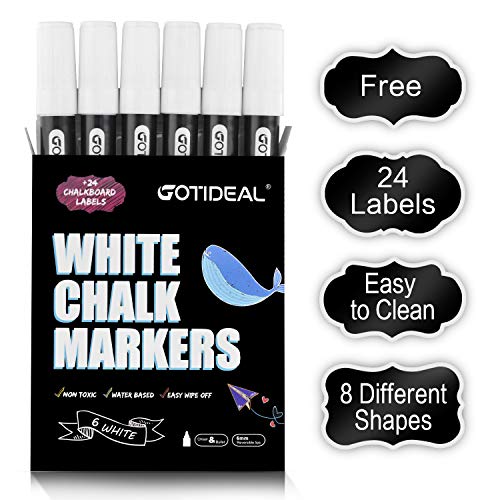 Product Cover GOTIDEAL Liquid Chalk Markers, 6 Pack White Chalk Pens for Windows, Chalkboard Signs, Blackboard, Glass Painting, Dry & Wet Erase - 6mm Reversible Medium Tip-24 Free Chalkboard Labels