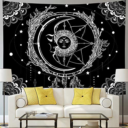 Product Cover Moon and Sun Tapestry Psychedelic Bohemian Mandala Wall Tapestry Black and White Indian Hippy Celestial Tapestry Starry Dreamcatcher Tapestry Wall Hanging for Bedroom Living Room Dorm(W59.1