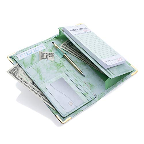 Product Cover Sonic Server 11-Pocket Server Book Organizer with Double Magnetic Pockets, Zipper Pouch for Waitress Waiter Waitstaff | Marble and Cross-Textured (Green Marble, Soft Classy PU Marble Leather)