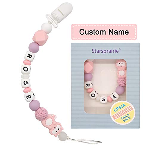 Product Cover Personalized Pacifier Clip with Name Baby Teething Toys Custom Name Pacifier Holder BPA Free Silicone Beads Binky Holder for Boy Girl, Soothie,Mam, Shower Gift Raccoon (Pink)