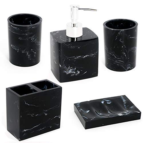 Product Cover Resin 5pcs Bathroom Accessory Set - Tumbler, Soap Dish, Liquid Soap Dispenser, Toothbrush Holder, Black