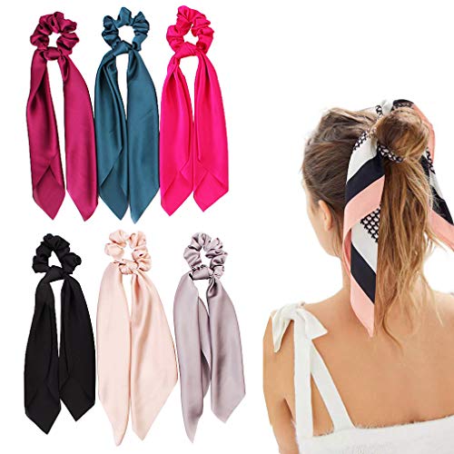 Product Cover Silk Satin Hair Scrunchies, Hair Scarf with Bow Silk Elastic Hair Bands, Stripe Printed Hair Bobbles for Ponytail Holder (6 Pcs Solid Colors)