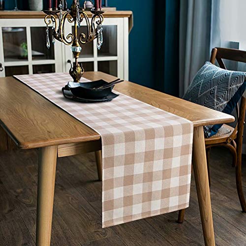 Product Cover LONG WAY 100% Cotton Dining Table Runner-13 by 72 inches,Beige & White Buffalo Check Farmhouse Runner Machine Washable Everyday Table Décor (Brown & White Check)